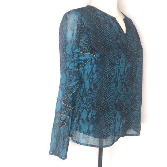 N) Thalia Sodi Sheer Ruffles Snake Print Blouse Top Teal Blue Black size Small - Picture 4 of 10